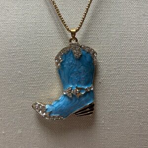Blue Cowboy Boot Necklace, New with Tags, on a 24” gold tone chain.